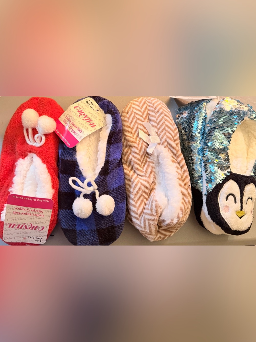 Lot Of 4 Carnival Womens Super Soft Sherpa Gripper Slippers One Size Multi Color